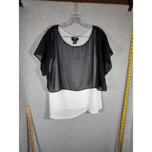 Papillon Blouse‎ Womens Medium Sheer Black Overlay White Lining Tank Colorblock